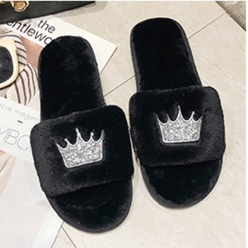 Embroidered Sequin Crown Fur Slippers