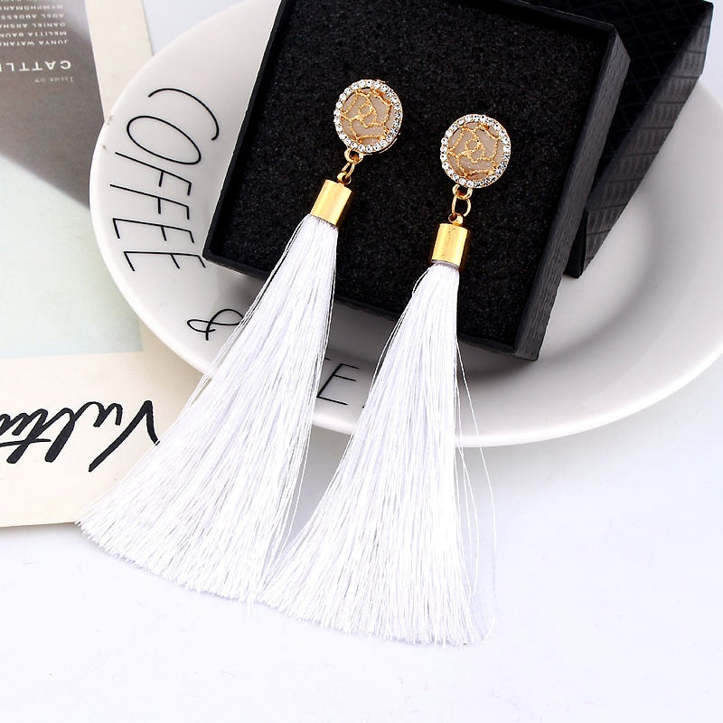 Bohemian Crystal Long Tassel Dangle Earrings