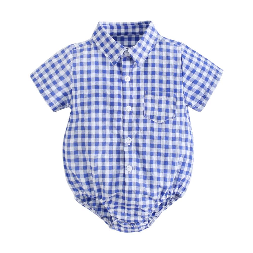 Plaid Cotton Baby Short Sleeve Button Onesie