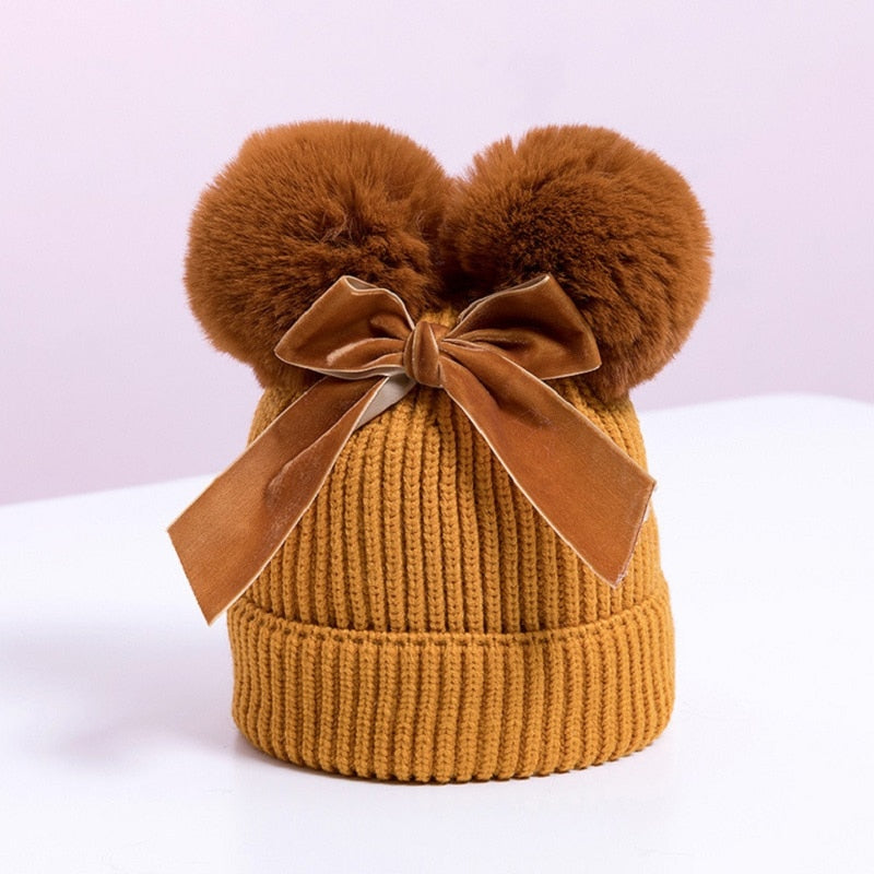 Pompom Knitted Velvet Bow Baby Beanie