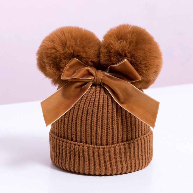 Pompom Knitted Velvet Bow Baby Beanie