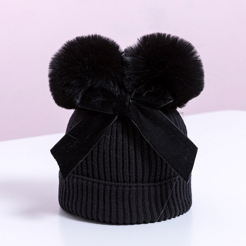 Pompom Knitted Velvet Bow Baby Beanie