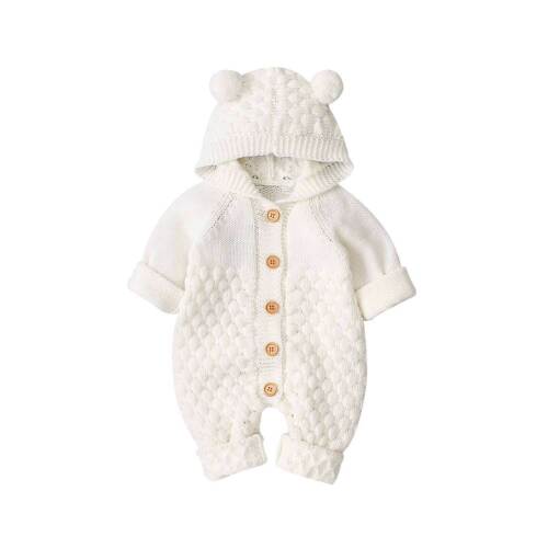 Bear Ear Knit Hooded Cotton Baby Jumpsuit