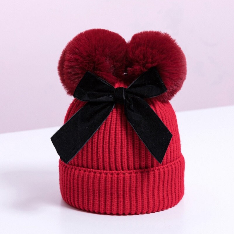 Pompom Knitted Velvet Bow Baby Beanie