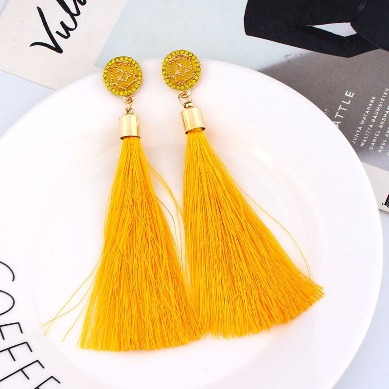 Bohemian Crystal Long Tassel Dangle Earrings