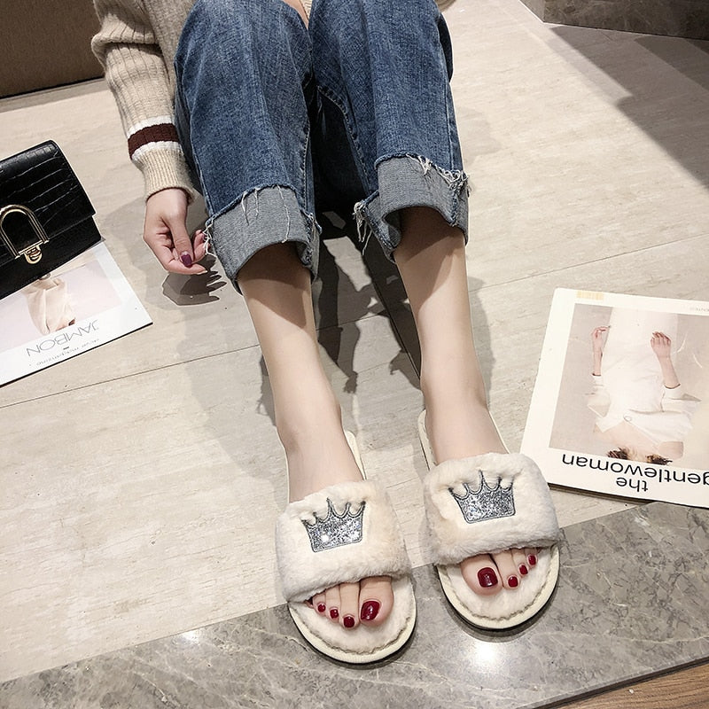 Embroidered Sequin Crown Fur Slippers