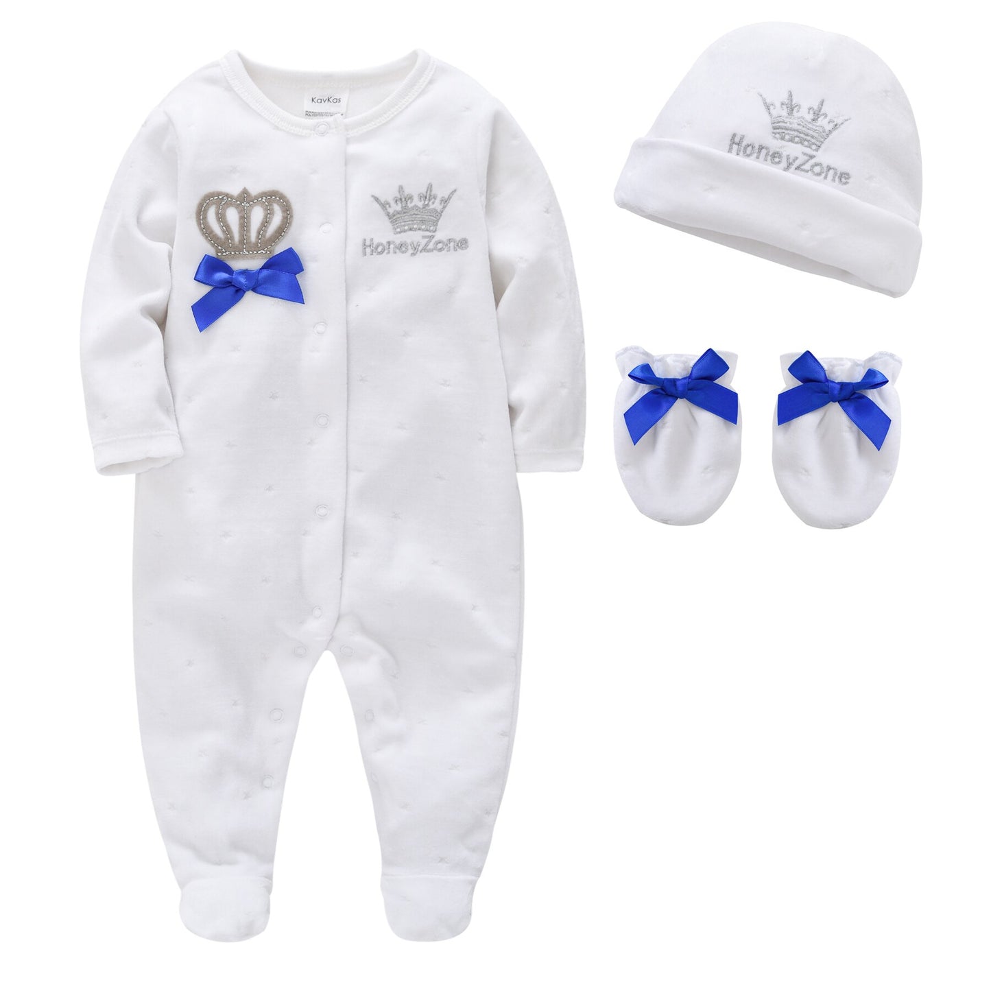 3pcs Cotton Crown Embroidered Baby Sleeper Set w/ Matching Hat & Mittens