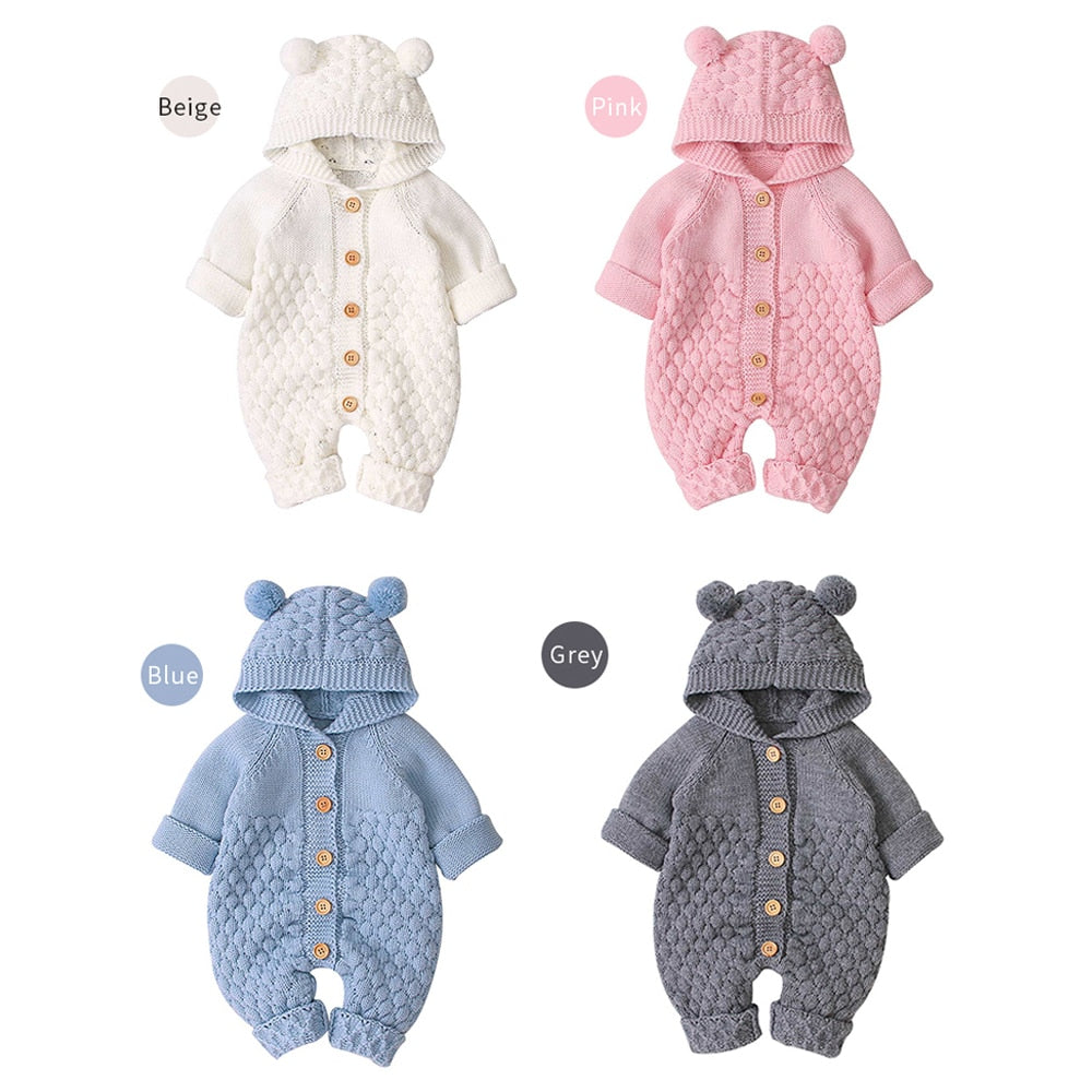 Bear Ear Knit Hooded Cotton Baby Jumpsuit