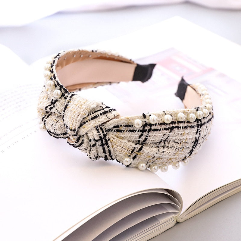 Woolen Plaid Pearl Knot Headband