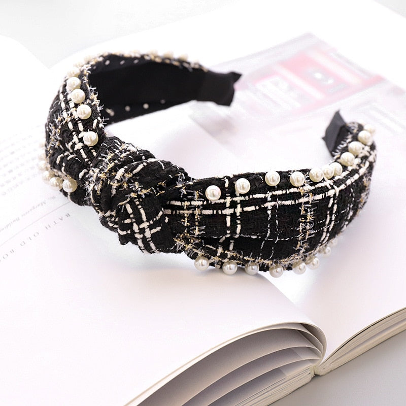 Woolen Plaid Pearl Knot Headband