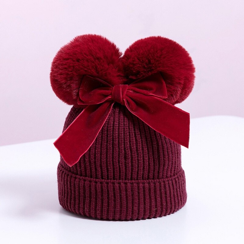 Pompom Knitted Velvet Bow Baby Beanie