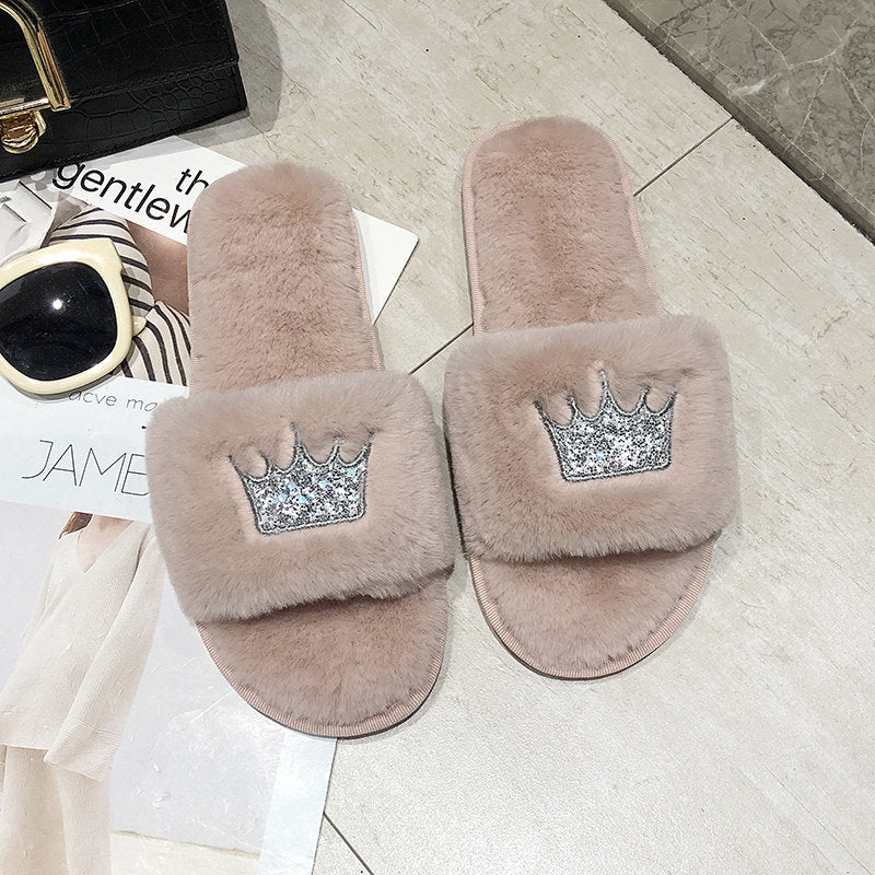 Embroidered Sequin Crown Fur Slippers