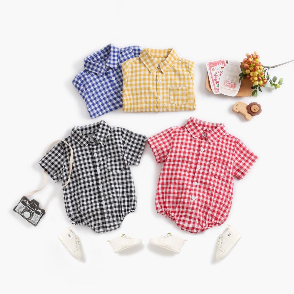 Plaid Cotton Baby Short Sleeve Button Onesie