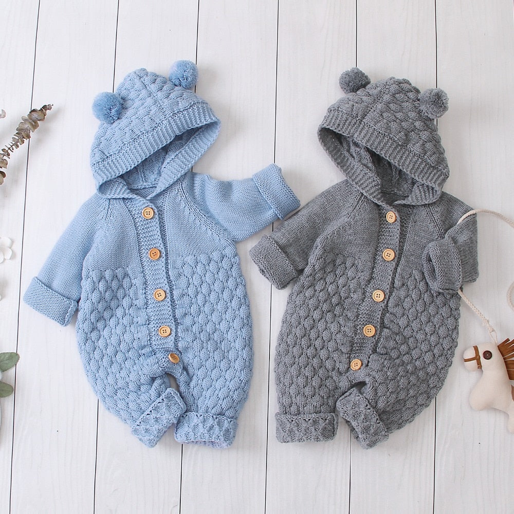 Bear Ear Knit Hooded Cotton Baby Jumpsuit