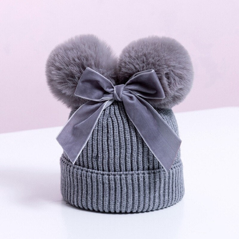 Pompom Knitted Velvet Bow Baby Beanie