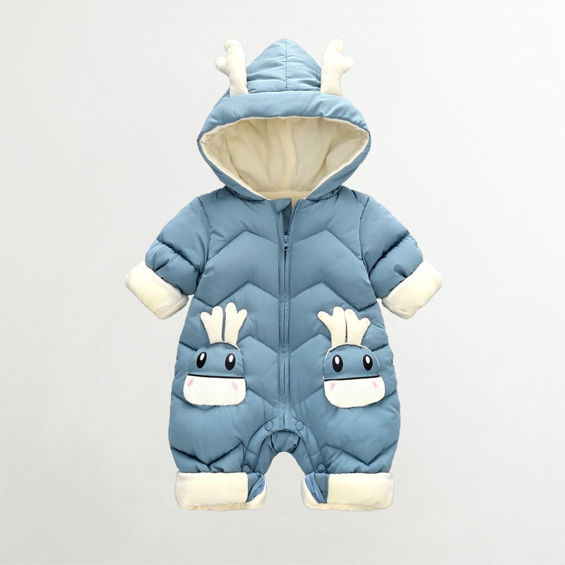 Cartoon Reindeer Ears Thick Velvet Winter Baby Snowsuit