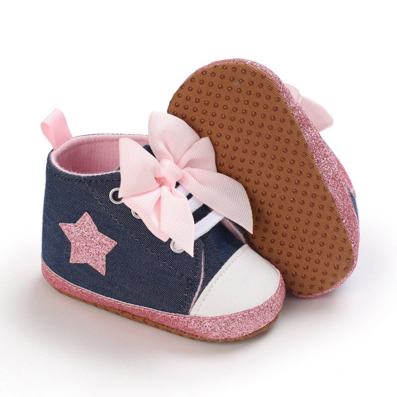 Non-Slip Soft Sole Glitter Bowtie Baby High Top Sneakers