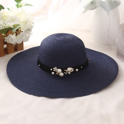 Round Top Raffia Pearl Wide Brim Straw Hat