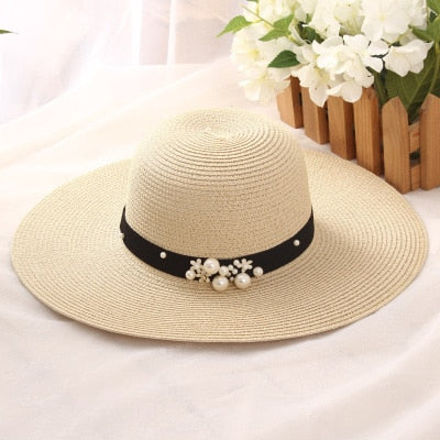 Round Top Raffia Pearl Wide Brim Straw Hat