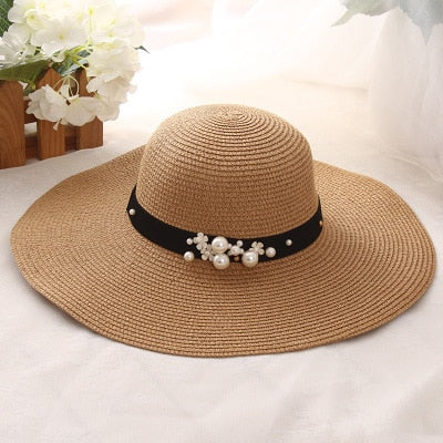 Round Top Raffia Pearl Wide Brim Straw Hat