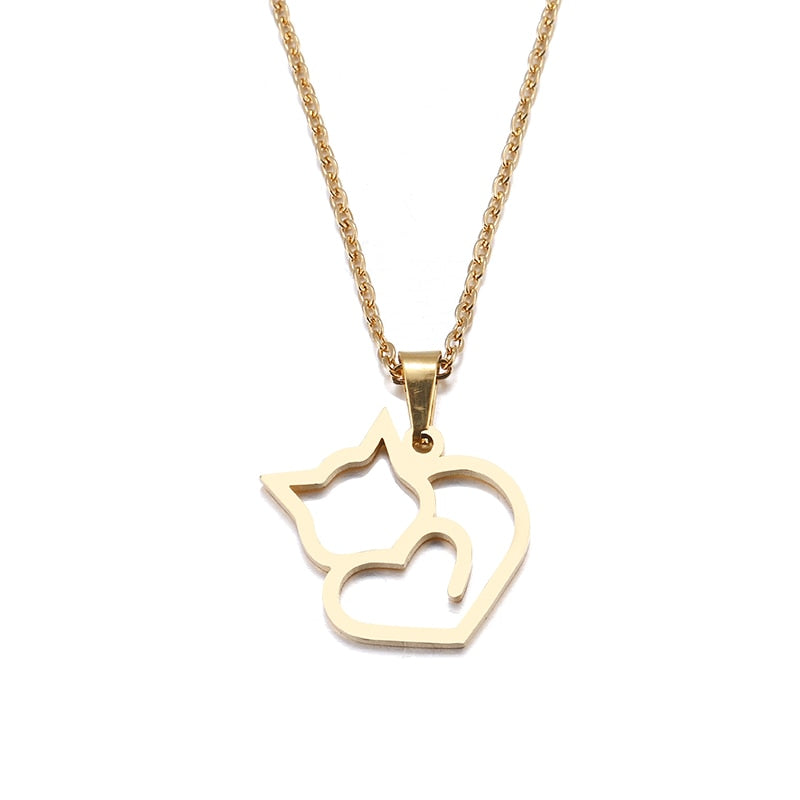 Stainless Steel Polished Cat Heart Pendant Necklace