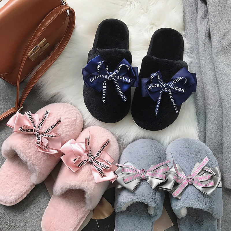 Fur Big Bow Slippers