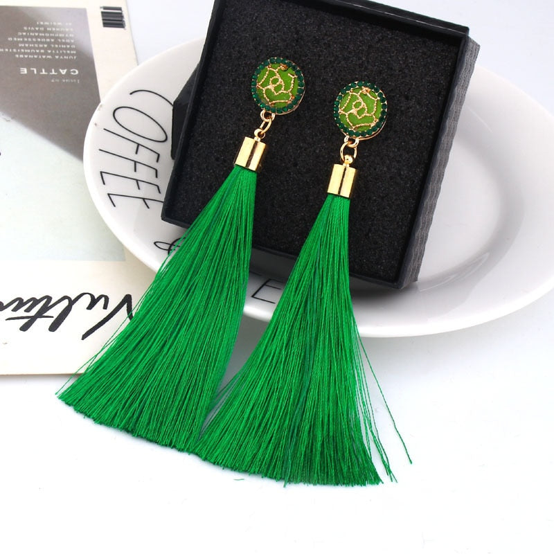 Bohemian Crystal Long Tassel Dangle Earrings