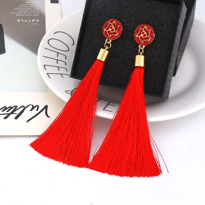 Bohemian Crystal Long Tassel Dangle Earrings