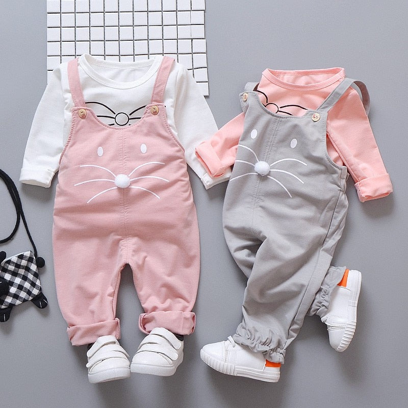 2pcs Long Sleeve Shirt w/ Overalls Baby Outfit Set