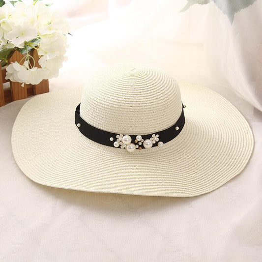 Round Top Raffia Pearl Wide Brim Straw Hat