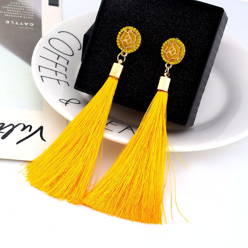 Bohemian Crystal Long Tassel Dangle Earrings