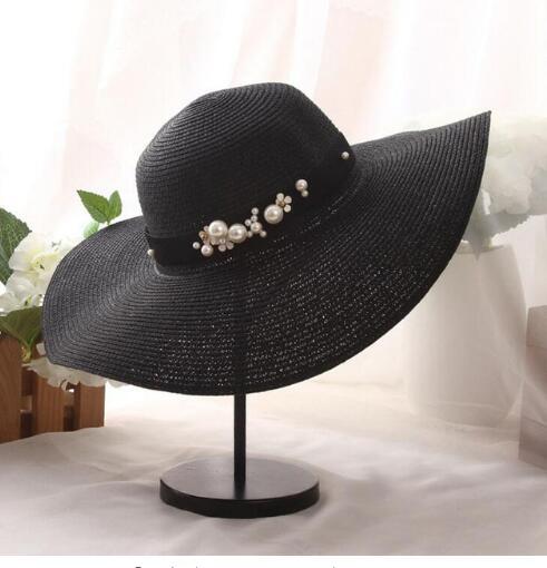 Round Top Raffia Pearl Wide Brim Straw Hat