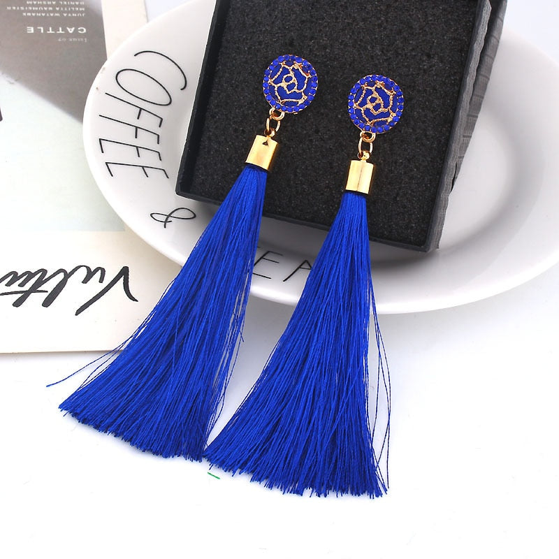 Bohemian Crystal Long Tassel Dangle Earrings