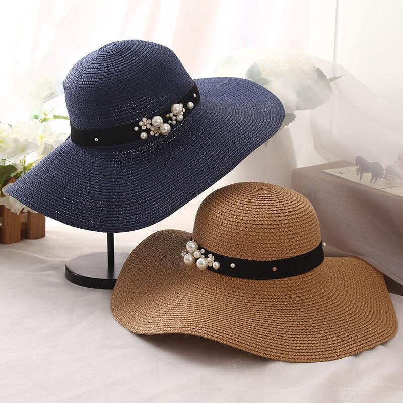 Round Top Raffia Pearl Wide Brim Straw Hat