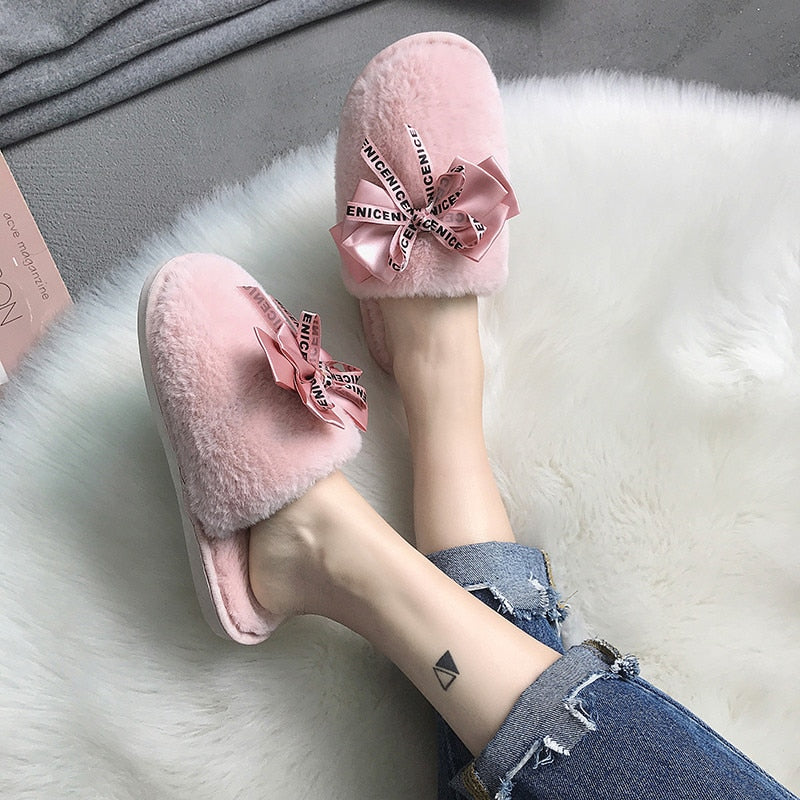 Fur Big Bow Slippers