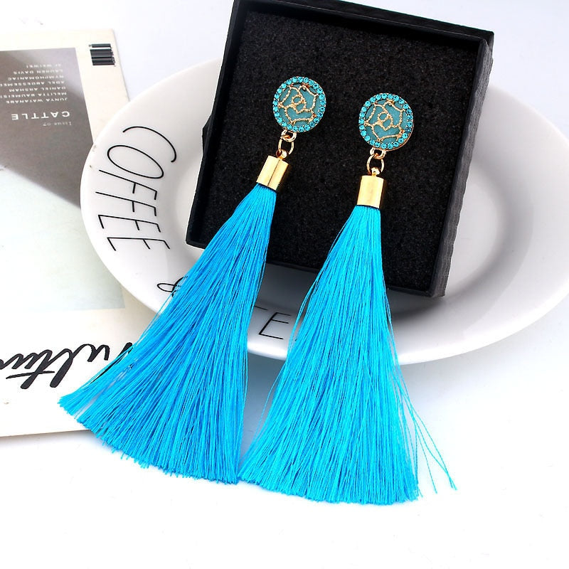 Bohemian Crystal Long Tassel Dangle Earrings