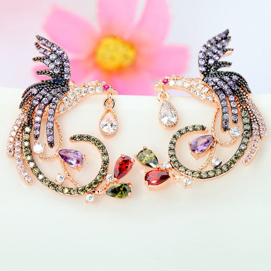 Rainbow Rhinestone Phoenix Stud Earrings