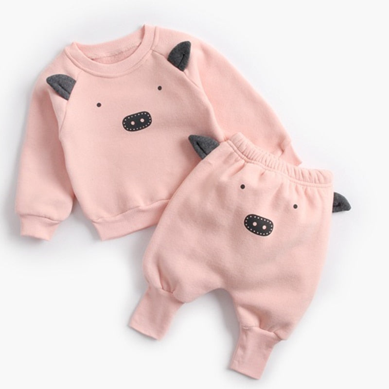 Cartoon Animal Pullover Sweatshirt w/ Sweatpants Baby Outfit Set