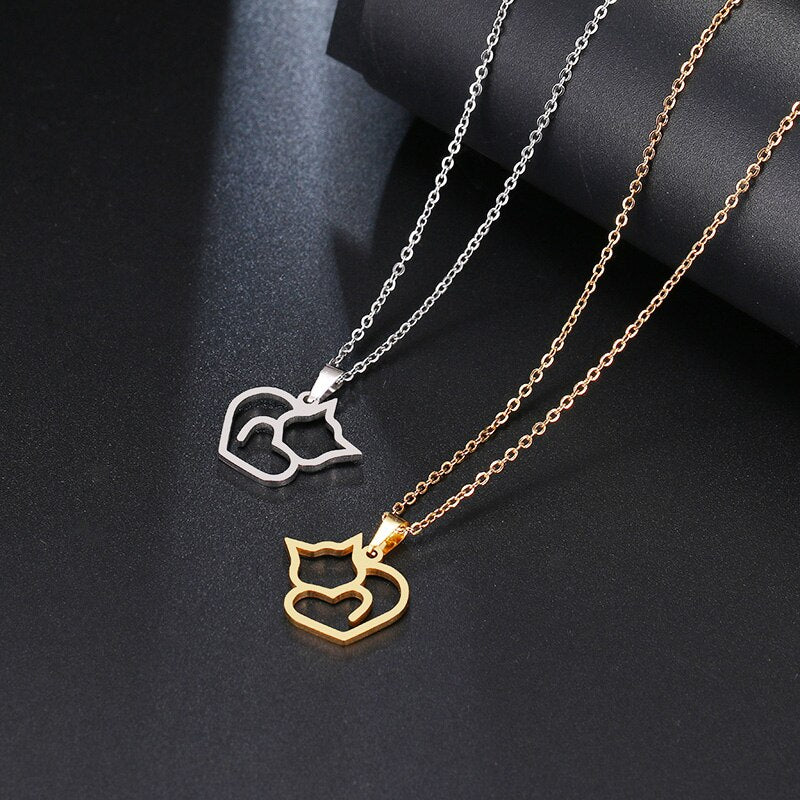 Stainless Steel Polished Cat Heart Pendant Necklace