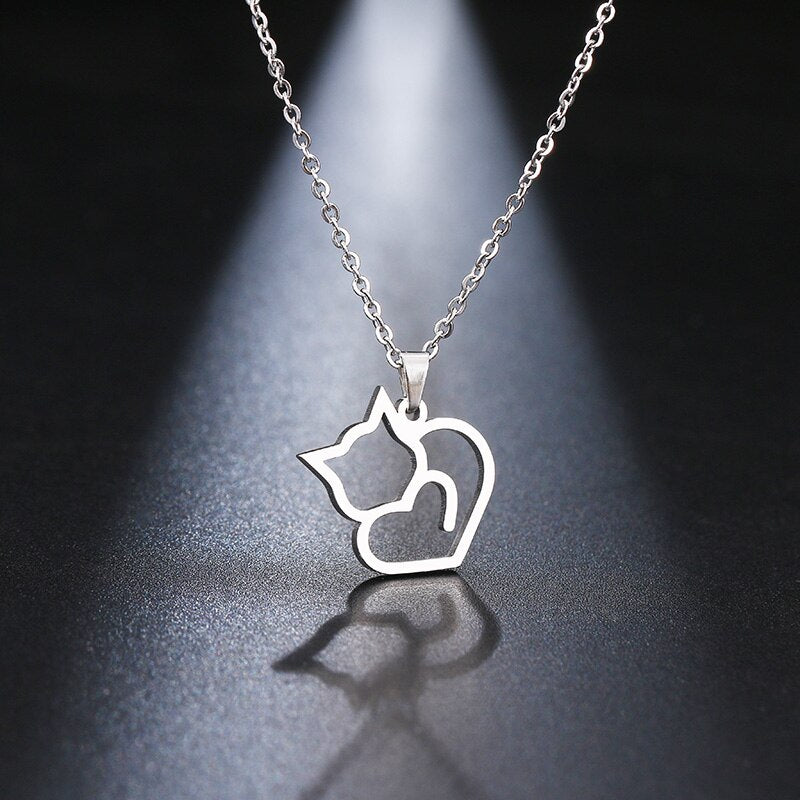 Stainless Steel Polished Cat Heart Pendant Necklace