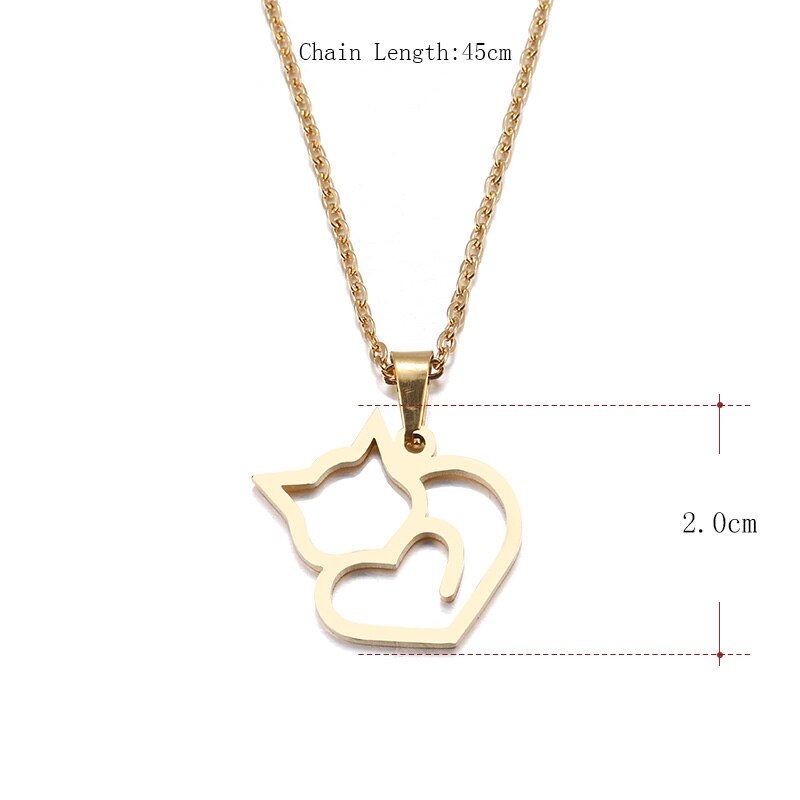 Stainless Steel Polished Cat Heart Pendant Necklace