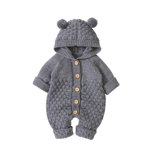 Bear Ear Knit Hooded Cotton Baby Jumpsuit