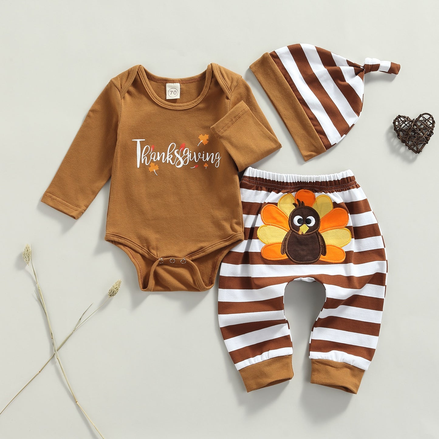 3pcs Thanksgiving Long Sleeve Baby Onesie w/ Pants & Matching Hat Set