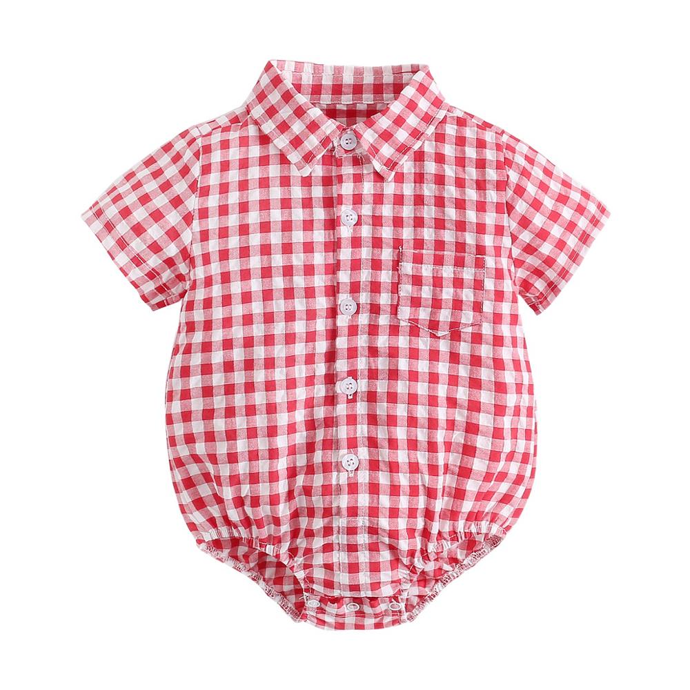 Plaid Cotton Baby Short Sleeve Button Onesie