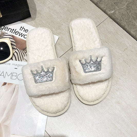 Embroidered Sequin Crown Fur Slippers