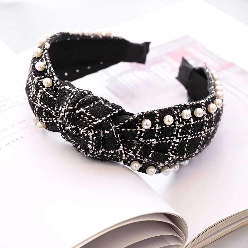 Woolen Plaid Pearl Knot Headband