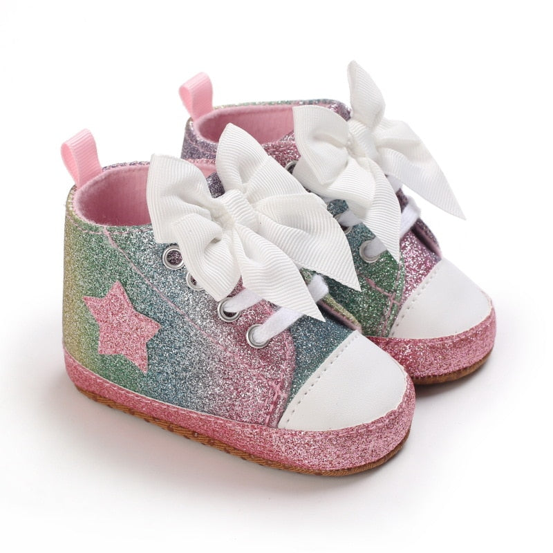 Non-Slip Soft Sole Glitter Bowtie Baby High Top Sneakers