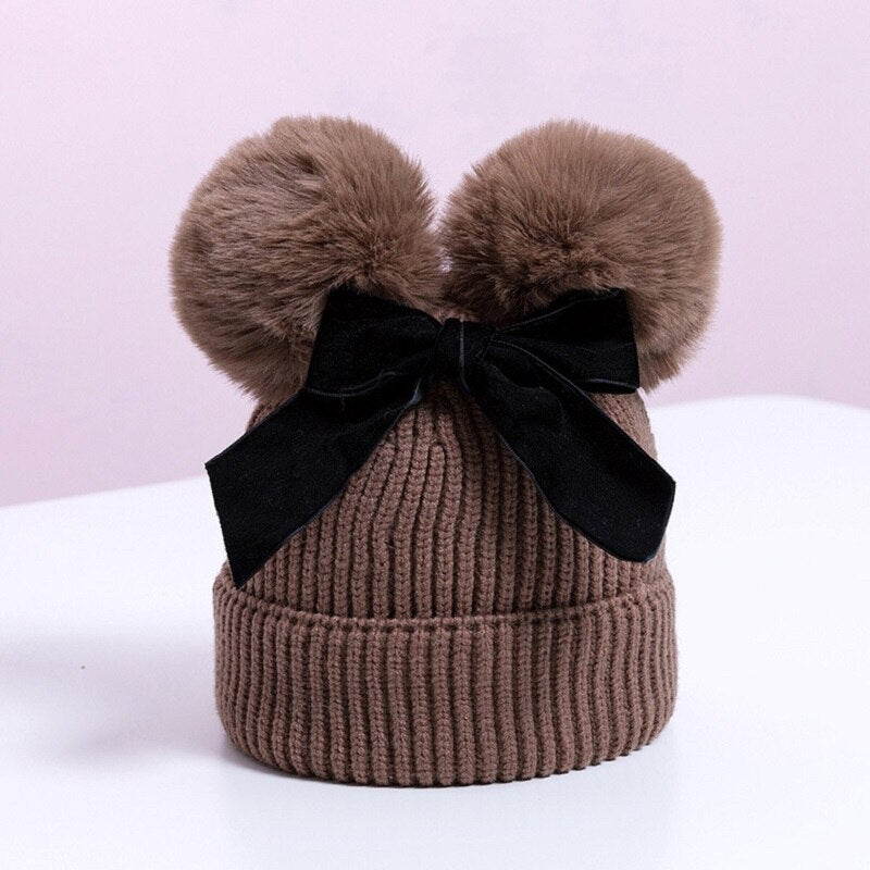 Pompom Knitted Velvet Bow Baby Beanie