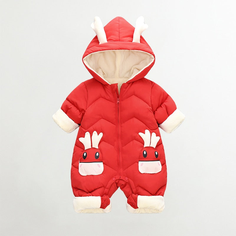 Cartoon Reindeer Ears Thick Velvet Winter Baby Snowsuit