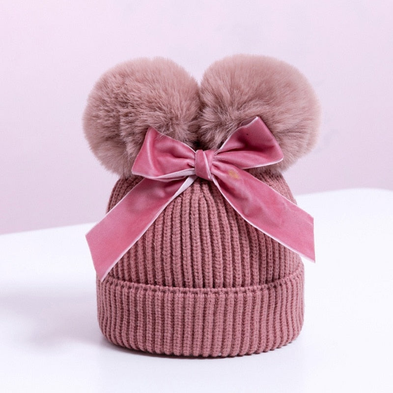 Pompom Knitted Velvet Bow Baby Beanie